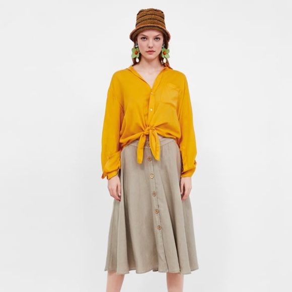 Zara Linen Blend Buttoned Down Midi Skirt